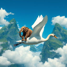 A fantastical scene depicting a large, graceful swan soaring through a vibrant blue sky, effortlessly flying while carrying a big elephant perched on its back