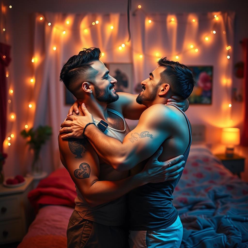 A vibrant and intimate scene of two men embracing in a soft-lit bedroom, surrounded by an atmosphere of love and affection