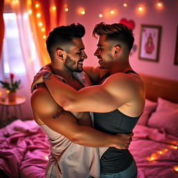 A vibrant and intimate scene of two men embracing in a soft-lit bedroom, surrounded by an atmosphere of love and affection