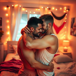A vibrant and intimate scene of two men embracing in a soft-lit bedroom, surrounded by an atmosphere of love and affection
