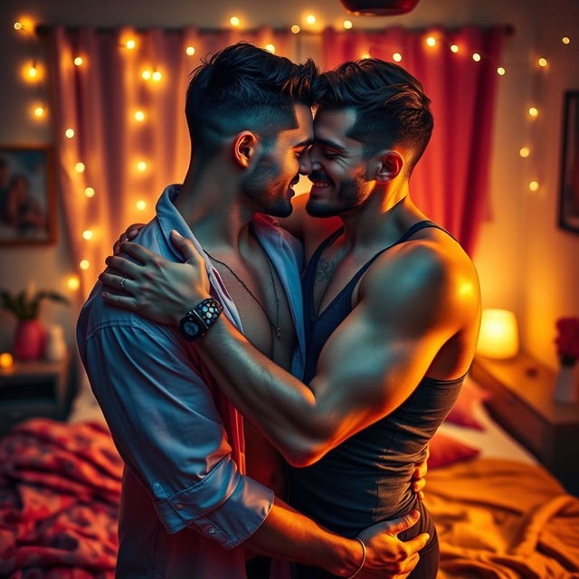 A vibrant and intimate scene of two men embracing in a soft-lit bedroom, surrounded by an atmosphere of love and affection