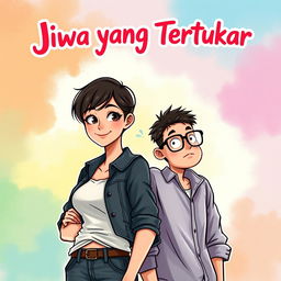 A novel cover illustration featuring a beautiful, brave tomboy woman with short hair and casual, stylish clothing standing confidently with a slight smile
