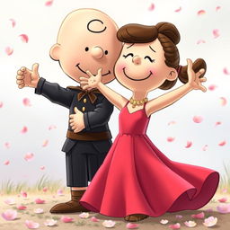 Characters from the Peanuts comic strip, featuring Charlie Brown as Romeo and Lucy as Juliet, are depicted in a romantic embrace