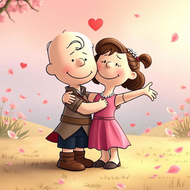 Characters from the Peanuts comic strip, featuring Charlie Brown as Romeo and Lucy as Juliet, are depicted in a romantic embrace