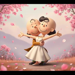 Characters from the Peanuts comic strip, featuring Charlie Brown as Romeo and Lucy as Juliet, are depicted in a romantic embrace