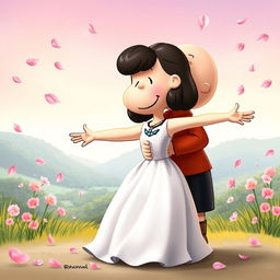 Characters from the Peanuts comic strip, featuring Charlie Brown as Romeo and Lucy as Juliet, are depicted in a romantic embrace