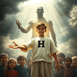 A heroic 18-year-old boy stands tall in the foreground, embodying justice with a glowing aura of protection