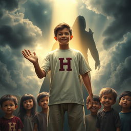 A heroic 18-year-old boy stands tall in the foreground, embodying justice with a glowing aura of protection