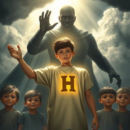 A heroic 18-year-old boy stands tall in the foreground, embodying justice with a glowing aura of protection
