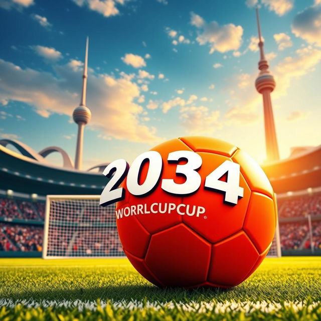 A vibrant Facebook post image featuring an orange football representing the 2034 World Cup