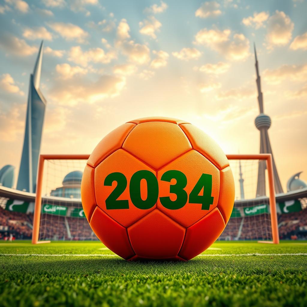 A vibrant Facebook post image featuring an orange football representing the 2034 World Cup