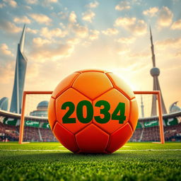 A vibrant Facebook post image featuring an orange football representing the 2034 World Cup