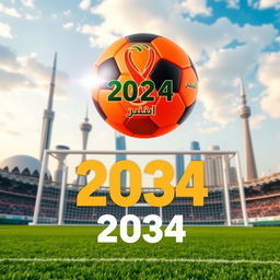 A vibrant Facebook post image featuring an orange football representing the 2034 World Cup