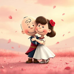 Peanuts characters, Charlie Brown as Romeo and Lucy as Juliet, are depicted in a romantic embrace