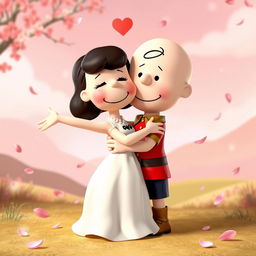 Peanuts characters, Charlie Brown as Romeo and Lucy as Juliet, are depicted in a romantic embrace