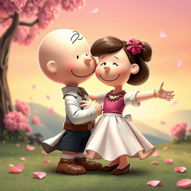 Peanuts characters, Charlie Brown as Romeo and Lucy as Juliet, are depicted in a romantic embrace