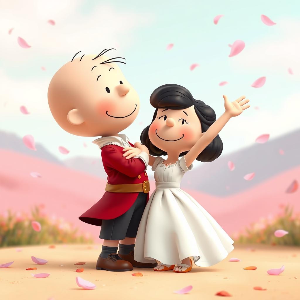 Peanuts characters, Charlie Brown as Romeo and Lucy as Juliet, are depicted in a romantic embrace