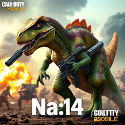A fierce dinosaur named Na_45, inspired by the popular game Call of Duty Mobile, standing proudly with a futuristic gun in its claws