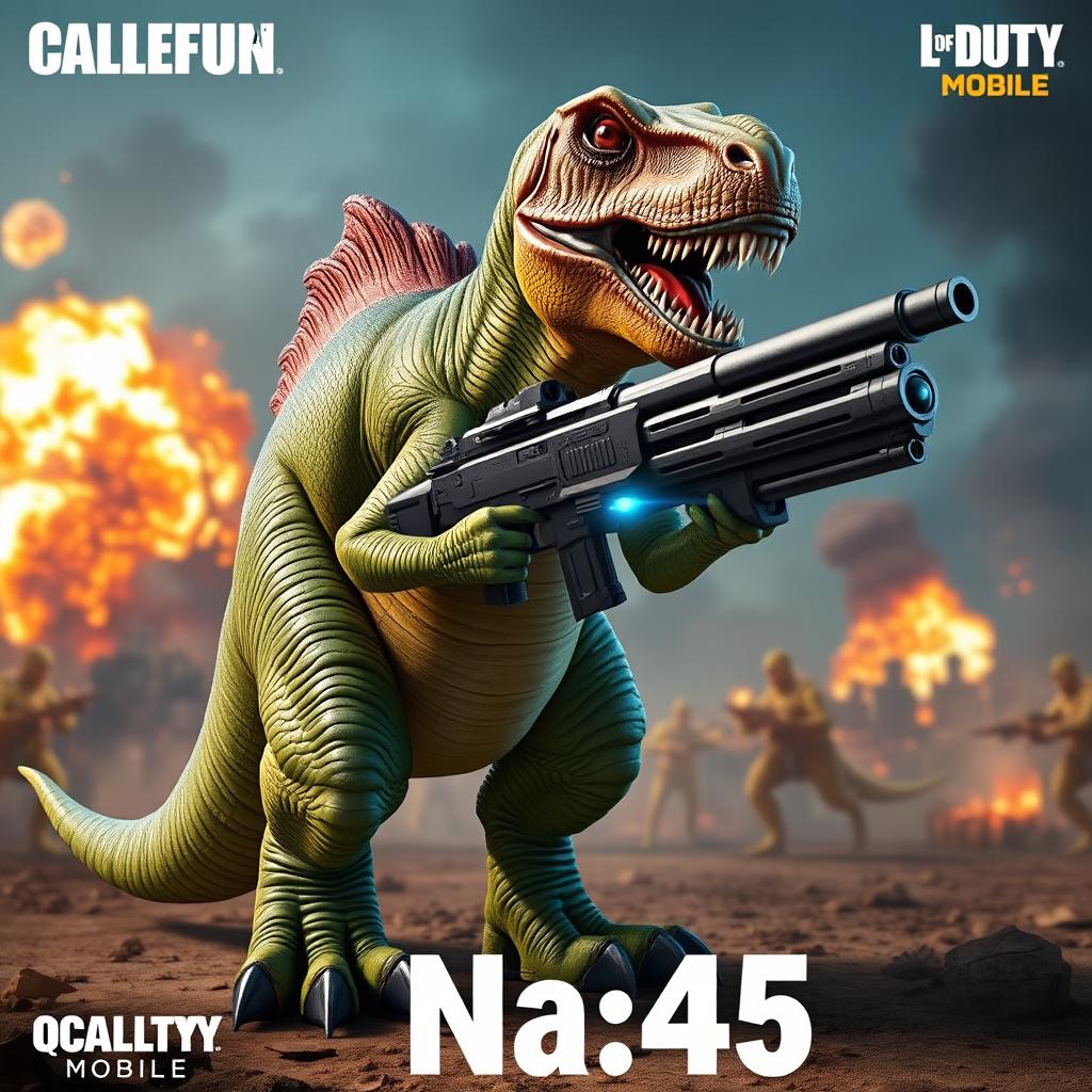 A fierce dinosaur named Na_45, inspired by the popular game Call of Duty Mobile, standing proudly with a futuristic gun in its claws