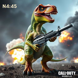 A fierce dinosaur named Na_45, inspired by the popular game Call of Duty Mobile, standing proudly with a futuristic gun in its claws