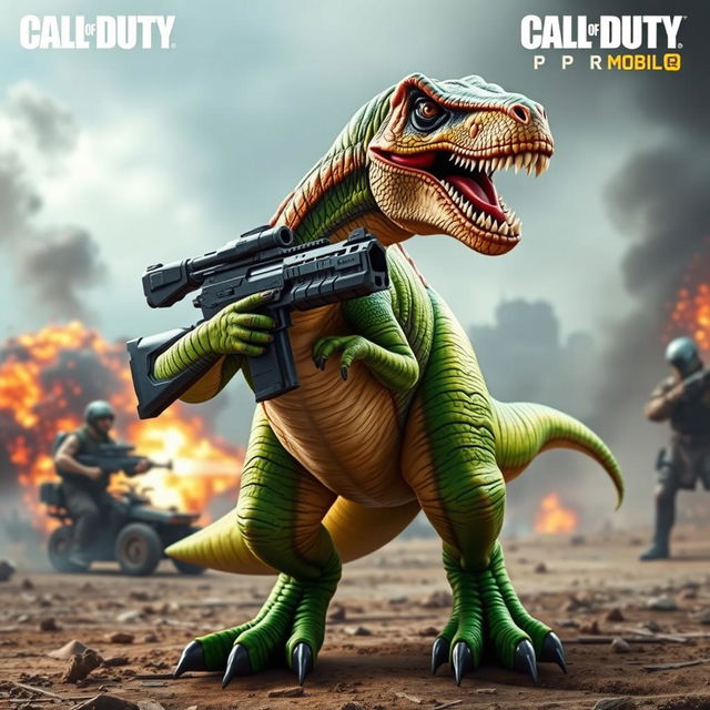 A fierce dinosaur named Na_45, inspired by the popular game Call of Duty Mobile, standing proudly with a futuristic gun in its claws