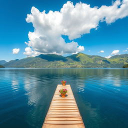 A serene lake surrounded by lush green mountains under a clear blue sky