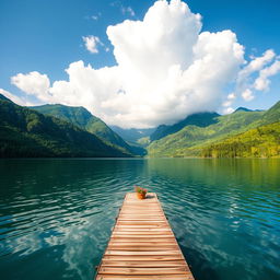 A serene lake surrounded by lush green mountains under a clear blue sky