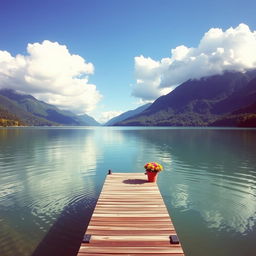 A serene lake surrounded by lush green mountains under a clear blue sky
