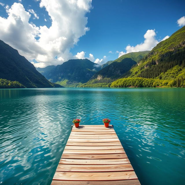 A serene lake surrounded by lush green mountains under a clear blue sky