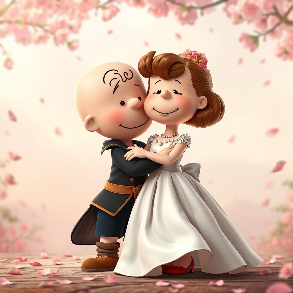 Peanuts characters, with Charlie Brown as Romeo and Lucy as Juliet, are depicted in a tender embrace