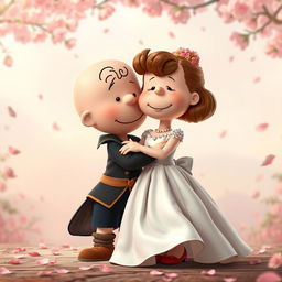 Peanuts characters, with Charlie Brown as Romeo and Lucy as Juliet, are depicted in a tender embrace