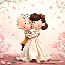 Peanuts characters, with Charlie Brown as Romeo and Lucy as Juliet, are depicted in a tender embrace