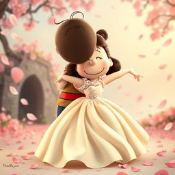 Peanuts characters, with Charlie Brown as Romeo and Lucy as Juliet, are depicted in a tender embrace