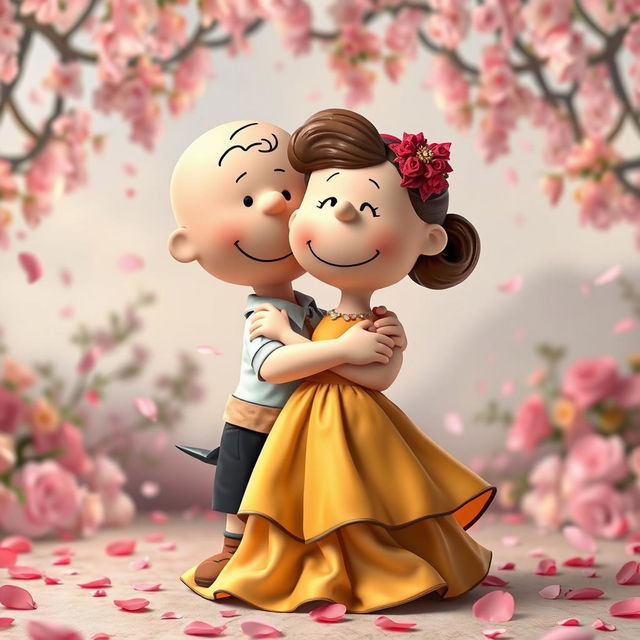 Peanuts characters, with Charlie Brown as Romeo and Lucy as Juliet, are depicted in a tender embrace