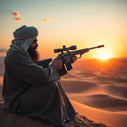 A Mullah dressed in traditional Islamic attire, complete with a flowing robe and turban, is perched on a high vantage point, skillfully aiming a high-powered sniper rifle