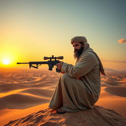 A Mullah dressed in traditional Islamic attire, complete with a flowing robe and turban, is perched on a high vantage point, skillfully aiming a high-powered sniper rifle