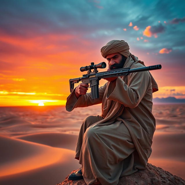 A Mullah dressed in traditional Islamic attire, complete with a flowing robe and turban, is perched on a high vantage point, skillfully aiming a high-powered sniper rifle