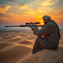 A Mullah dressed in traditional Islamic attire, complete with a flowing robe and turban, is perched on a high vantage point, skillfully aiming a high-powered sniper rifle