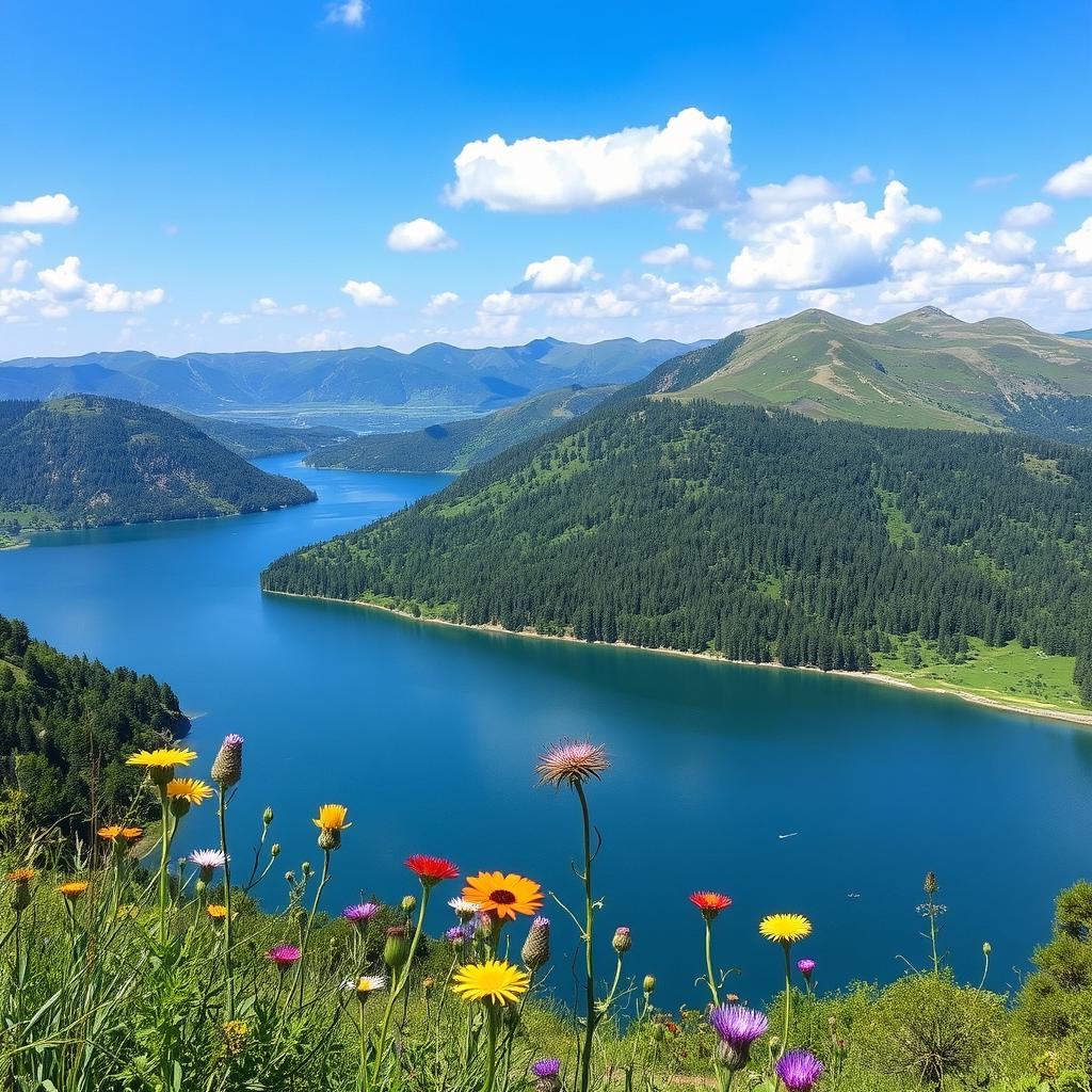 A serene view of Kiov Lake (Darya Cheh) surrounded by lush greenery and distant mountains