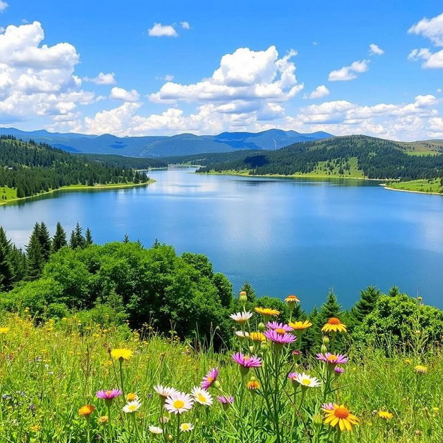 A serene view of Kiov Lake (Darya Cheh) surrounded by lush greenery and distant mountains