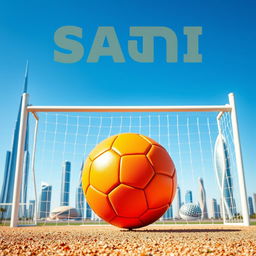 A vibrant, orange soccer ball positioned in front of a goalpost, symbolizing passion for the national sport