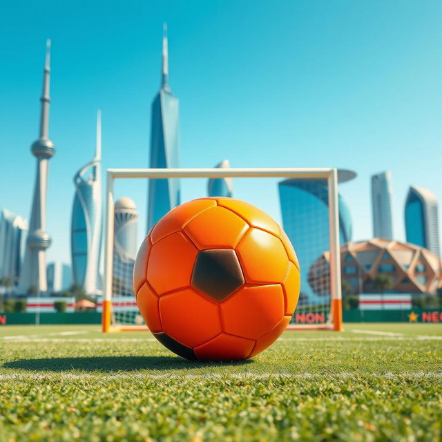 A vibrant, orange soccer ball positioned in front of a goalpost, symbolizing passion for the national sport