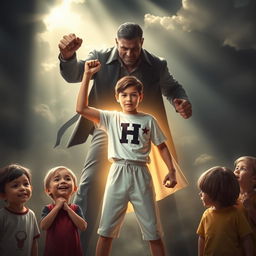 A dramatic scene depicting a young hero, an 18-year-old boy representing justice, standing firmly in front of a group of children
