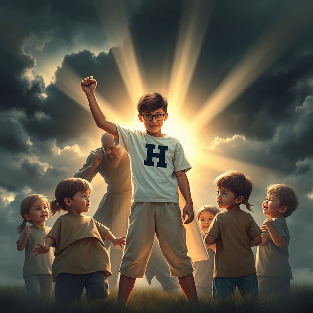 A dramatic scene depicting a young hero, an 18-year-old boy representing justice, standing firmly in front of a group of children