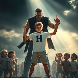 A dramatic scene depicting a young hero, an 18-year-old boy representing justice, standing firmly in front of a group of children