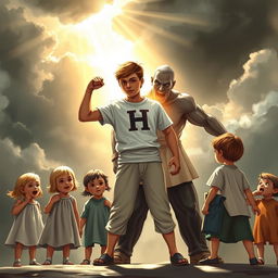 A dramatic scene depicting a young hero, an 18-year-old boy representing justice, standing firmly in front of a group of children