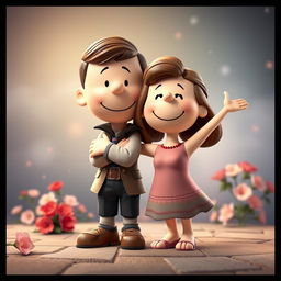 A whimsical 3D illustration of Peanuts characters transformed into Romeo and Juliet