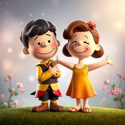 A whimsical 3D illustration of Peanuts characters transformed into Romeo and Juliet