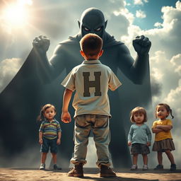 A dynamic scene featuring an 18-year-old heroic boy standing confidently between a group of children and a threatening adult figure, symbolizing injustice
