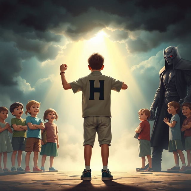 A dynamic scene featuring an 18-year-old heroic boy standing confidently between a group of children and a threatening adult figure, symbolizing injustice